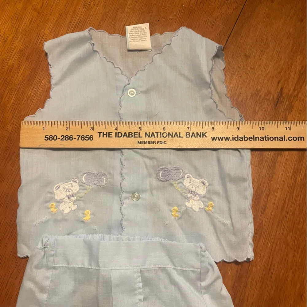 Vintage Light Blue Embroidered Teddy Bear Vest and Diaper Cover Set‎ 3-6 Months